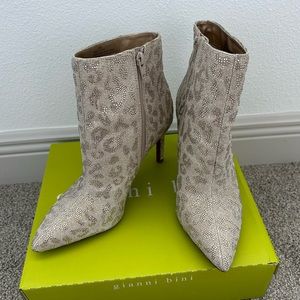 AnninaTwo Leopard Print Rhinestone Embellished Stiletto Dress Booties